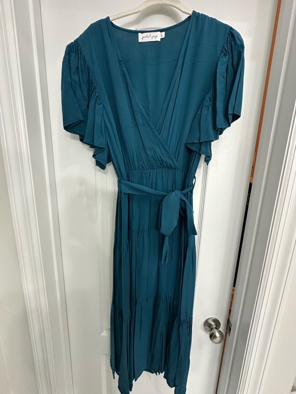 Petal & Pup Teal Wrap Midi Dress with Tie Waist